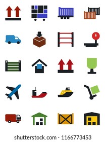 Color and black flat icon set - plane vector, sea shipping, truck trailer, cargo container, car delivery, consolidated, fragile, warehouse storage, up side sign, package, heavy scales, rack