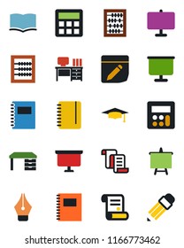 Color and black flat icon set - contract vector, book, graduate, abacus, desk, notepad, presentation board, calculator, notes, copybook, ink pen, pencil