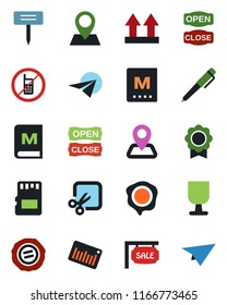 Color and black flat icon set - no mobile vector, stamp, plant label, navigation, pin, fragile, up side sign, barcode, sd, cut, sertificate, pen, sale, menu, open close, paper plane