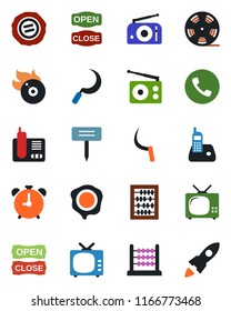 Color and black flat icon set - alarm clock vector, phone, abacus, stamp, sickle, plant label, reel, flame disk, radio, tv, open close, rocket