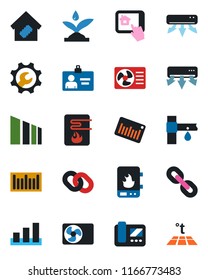 Color and black flat icon set - identity card vector, drip irrigation, sorting, barcode, chain, root setup, air conditioner, smart home, water heater, intercome, control app, warm floor
