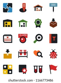 Color and black flat icon set - lady bug vector, plant label, blood test vial, heart diagnostic, medical calendar, warehouse, package, search cargo, application, sertificate, wine card, alarm led