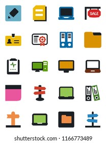 Color and black flat icon set - identity vector, office binder, notebook pc, document, pulse clipboard, signpost, monitor, laptop, folder, notes, blank box, sale, certificate, guidepost
