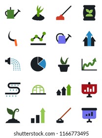 Color and black flat icon set - growth statistic vector, seedling, watering can, sproute, hoe, sickle, greenhouse, fertilizer, drip irrigation, pie graph, point, arrow up, presentation