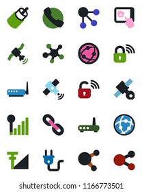 Color and black flat icon set - satellite vector, network, share, chain, rca, call, cellular signal, power plug, wireless lock, router, home control app, social media