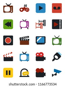 Color and black flat icon set - ticket office vector, clapboard, film frame, tv, gamepad, video camera, play button, pause, rewind, hdmi, record, surveillance