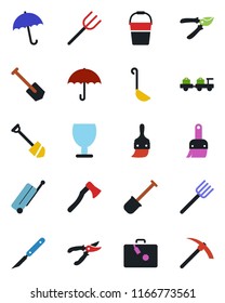 Color and black flat icon set - suitcase vector, umbrella, baggage larry, job, shovel, farm fork, bucket, pruner, axe, scalpel, fragile, themes, ladle, hard work