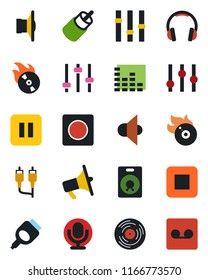 Color and black flat icon set - vinyl vector, flame disk, speaker, loudspeaker, settings, equalizer, microphone, headphones, pause button, stop, rca, hdmi, tuning, record