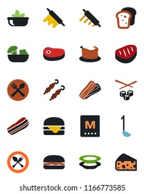 Color and black flat icon set - spoon and fork vector, cafe, menu, salad, plates, bacon, bread, chicken, steak, kebab, hamburger, ladle, rolling pin, sushi, cheese