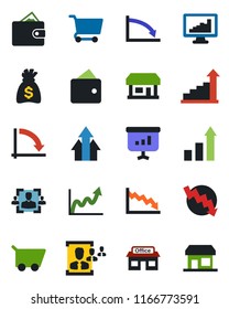 Color and black flat icon set - growth statistic vector, money bag, crisis graph, store, monitor statistics, hr, arrow up, wallet, cart, presentation, storefront