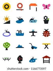 Color and black flat icon set - flower in pot vector, lawn mower, butterfly, lady bug, sun, pond, picnic table, brightness, pool, fruit tree, mountains, restaurant, alcove
