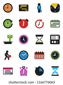 Color and black flat icon set - alarm clock vector, calendar, heavy scales, stopwatch, manager, schedule, sand