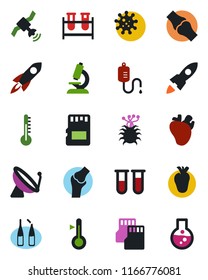 Color and black flat icon set - satellite antenna vector, blood test vial, dropper, microscope, ampoule, real heart, joint, virus, sd, thermometer, rocket, flask