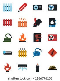 Color and black flat icon set - fire vector, hose, thermometer, heater, air conditioner, candle, water, smoke detector, radiator, warm floor