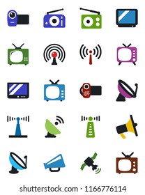 Color and black flat icon set - antenna vector, satellite, radio, loudspeaker, tv, video camera