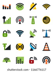 Color and black flat icon set - antenna vector, border cone, radar, satellite, equalizer, wireless, mute, cellular signal, lock