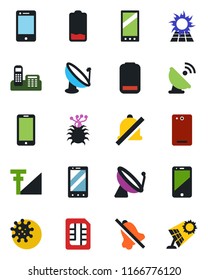Color and black flat icon set - satellite antenna vector, mobile phone, virus, cell, low battery, back, sim, mute, cellular signal, office, sun panel