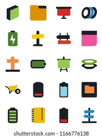 Color and black flat icon set - signpost vector, notepad, presentation board, wheelbarrow, battery, low, folder, charge, blank box, plates, guidepost