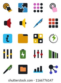 Color and black flat icon set - sorting vector, settings, touch screen, menu, folder, charge, application, pen, sound, information, social media