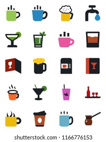 Color and black flat icon set - hot cup vector, coffee machine, water supply, alcohol, wine card, drink, cocktail, phyto bar, beer, turkish