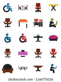 Color and black flat icon set - cafe vector, waiting area, disabled, office chair, desk, picnic table, cushioned furniture, restaurant, man with notebook