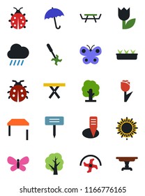 Color and black flat icon set - umbrella vector, sun, ripper, tree, butterfly, lady bug, seedling, rain, plant label, picnic table, tulip