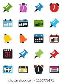 Color and black flat icon set - alarm clock vector, drawing pin, calendar, term, paper, bell, schedule