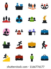 Color and black flat icon set - manager vector, pedestal, team, place, client, case, company, desk, career ladder, group