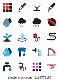 Color and black flat icon set - crisis graph vector, watering, water drop, rain, drip irrigation, dropper, menu, supply, sprinkler
