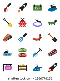 Color and black flat icon set - job vector, garden fork, shovel, lady bug, caterpillar, pond, rack, rent, bacon, open close, rocket