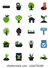 Color and black flat icon set - flower in pot vector, seedling, tree, sproute, plant label, fertilizer, fruit, salad, apple, eco house, palm