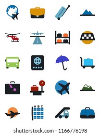 Color and black flat icon set - runway vector, taxi, suitcase, baggage trolley, airport bus, umbrella, passport, ladder car, helicopter, seat map, luggage storage, scales, plane globe, mountains