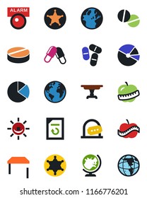 Color and black flat icon set - ticket office vector, globe, document reload, pills, diet, earth, pie graph, table, police, alarm led