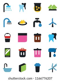 Color and black flat icon set - trash bin vector, shower, bucket, tooth, mobile, blank box, water supply, bathroom, serviette, filter, windmill