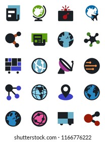 Color and black flat icon set - satellite antenna vector, bomb in case, globe, plane, earth, pin, consolidated cargo, network, share, news, social media