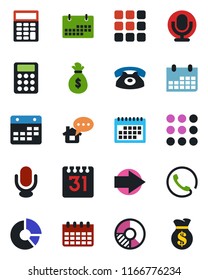 Color and black flat icon set - right arrow vector, calendar, circle chart, microphone, menu, calculator, phone, home message, money bag