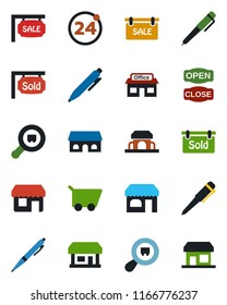 Color and black flat icon set - 24 around vector, shop, pen, store, search cargo, sale, sold signboard, cafe building, open close, cart, storefront