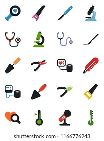 Color and black flat icon set - trowel vector, pruner, saw, stethoscope, blood pressure, thermometer, heart diagnostic, microscope, scalpel, microphone