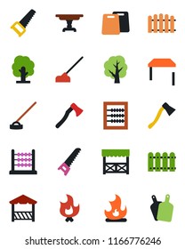 Color and black flat icon set - fence vector, tree, saw, fire, hoe, axe, abacus, table, alcove, cutting board