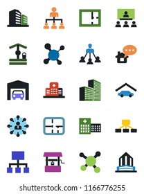 Color and black flat icon set - hierarchy vector, well, molecule, hospital, office building, garage, plan, home message