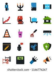 Color and black flat icon set - baggage trolley vector, automatic door, border cone, speaking man, garden fork, scales, film frame, protect, notes, torch, cut, manager, book, house, air conditioner