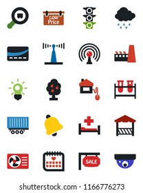Color and black flat icon set - rain vector, blood test vial, hospital bed, medical calendar, traffic light, truck trailer, search cargo, antenna, bell, fruit tree, sale, low price signboard, alcove