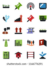 Color and black flat icon set - antenna vector, speaking man, growth statistic, team, drawing pin, seedling, bird house, route, up side sign, rack, film frame, equalizer, tv, news, contract