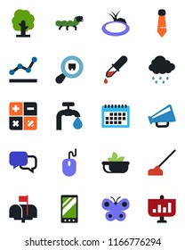 Color and black flat icon set - calculator vector, mouse, tie, tree, butterfly, rain, hoe, caterpillar, pond, dropper, search cargo, loudspeaker, dialog, mobile, calendar, point graph, water supply
