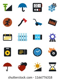 Color and black flat icon set - automatic door vector, ticket, lawn mower, axe, run, term, umbrella, barcode, flame disk, speaker, heart, stopwatch, brightness, cellular signal, clock, snowflake