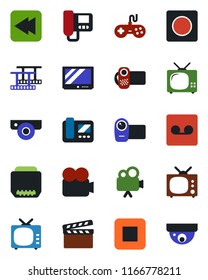 Color and black flat icon set - clapboard vector, film frame, tv, gamepad, video camera, stop button, rewind, hdmi, record, web, intercome, surveillance