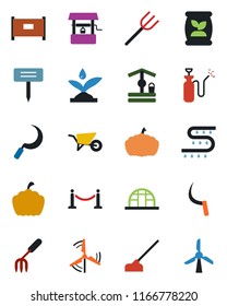 Color and black flat icon set - fence vector, garden fork, farm, wheelbarrow, well, hoe, sickle, plant label, pumpkin, greenhouse, sprayer, fertilizer, drip irrigation, windmill