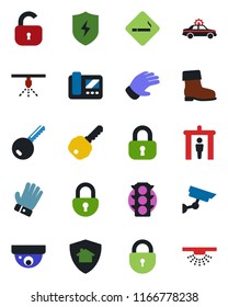 Color and black flat icon set - security gate vector, smoking place, alarm car, lock, glove, boot, traffic light, protect, key, intercome, home, surveillance, sprinkler