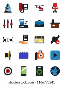 Color and black flat icon set - cafe vector, helicopter, airport building, case, document, fireplace, satellite, term, camera, speaker, settings, play button, mobile, office, chair, target, earth