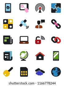 Color and black flat icon set - globe vector, clouds, speaking man, antenna, satellite, news, laptop pc, chain, mobile, sim, application, house, key, wireless lock, home control app, earth